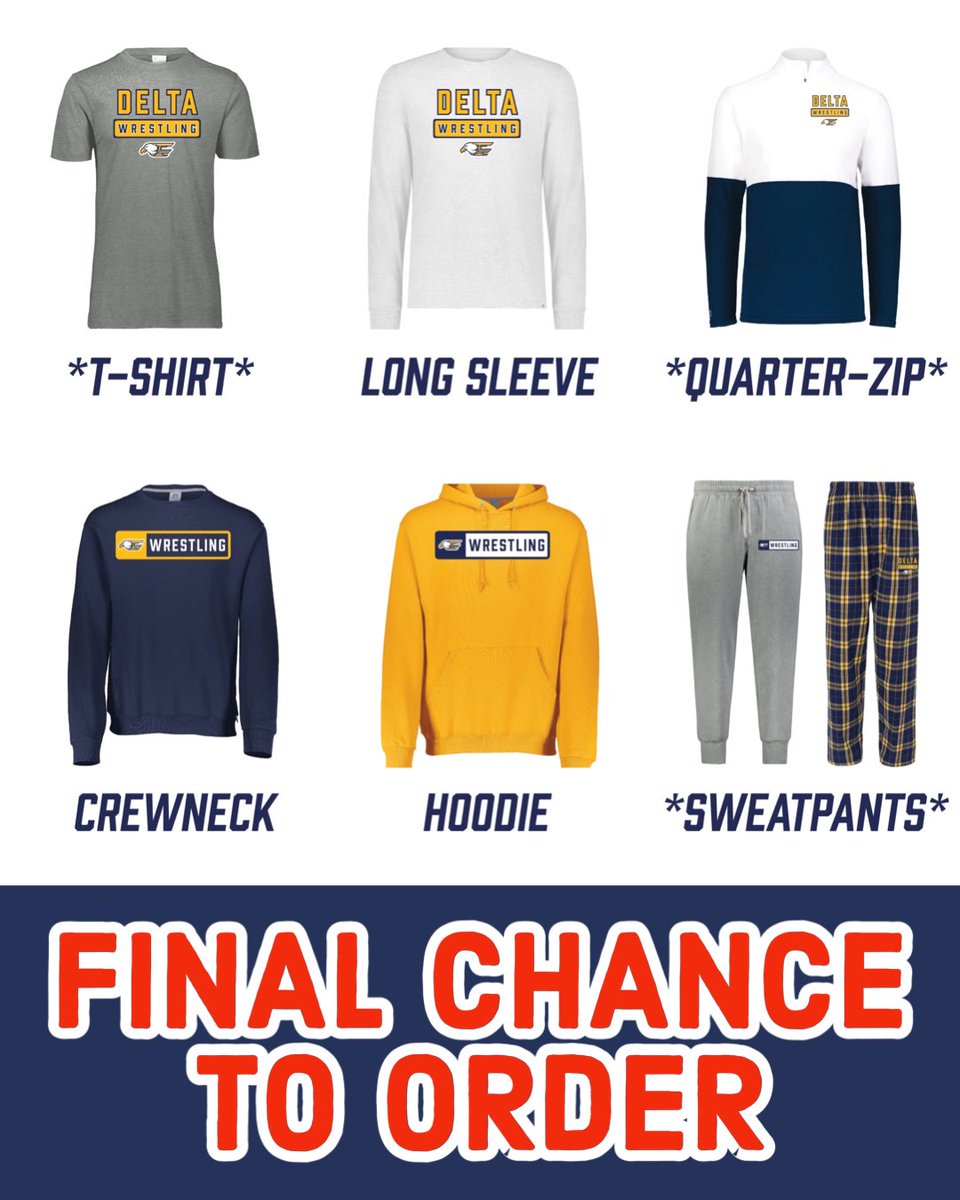 🚨 𝐅𝐈𝐍𝐀𝐋 𝐂𝐇𝐀𝐍𝐂𝐄 𝐓𝐎 𝐎𝐑𝐃𝐄𝐑 🚨

The Gear Store will close TOMORROW (10/29) at 11:59pm! This is your last chance to order Delta Wrestling gear! 🦅🤼‍♂️

Spread the word to anyone who would love to support all levels of our wrestling program! 🗣️

deltawrestlingapparel.itemorder.com/shop/category/…