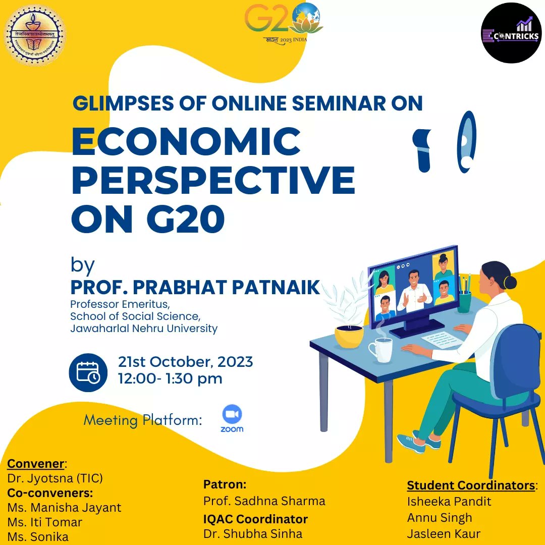 EconTricks_spmc's tweet photo. Econtricks,  Department of Economics of Shyama Prasad Mukherji College had a successful  "Online Seminar by Prof. Prabhat Patnaik" on "Economic Perspective on G20"
.
.
A heartfelt gratitude to the principal, the speaker, teachers and all the participants.
🙌 https://t.co/gxErAvi3vT