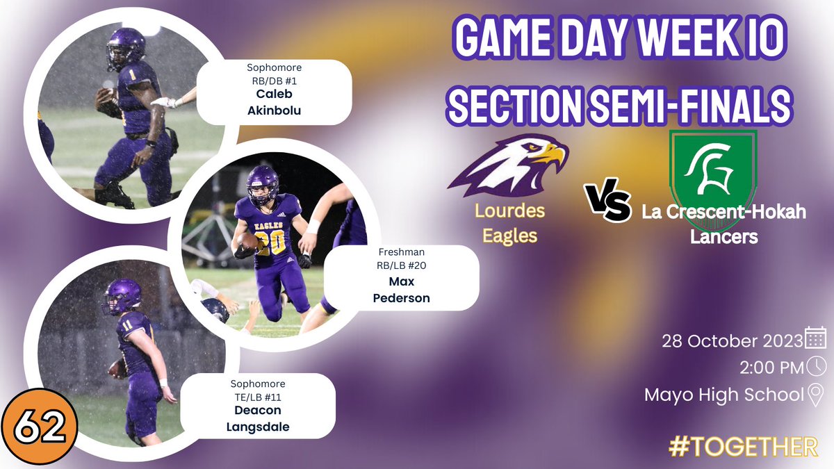 Game Day Week 10! Section Semi-Finals the Eagles will host the Lancers of La Crescent-Hokah.  Kickoff 2PM at Mayo High School! #Together