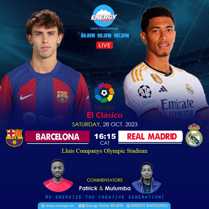 ENERGY888FM's tweet photo. 🛑 Live 88.8FM, 90.3FM, 107.3FM📻

Ikaze muri Shampiyona y'igihugu cya Espanye (LA LIGA) mu mukino uri guhuza Ikipe ya Barcelona na RealMarid i sa16:15 #EL_CLASSICO 

Tubwire uko ubona Umukino urangira.

Ni #Niyonzima_Patrick na #Arnold_Mulumba https://t.co/u9GzLuDSzi