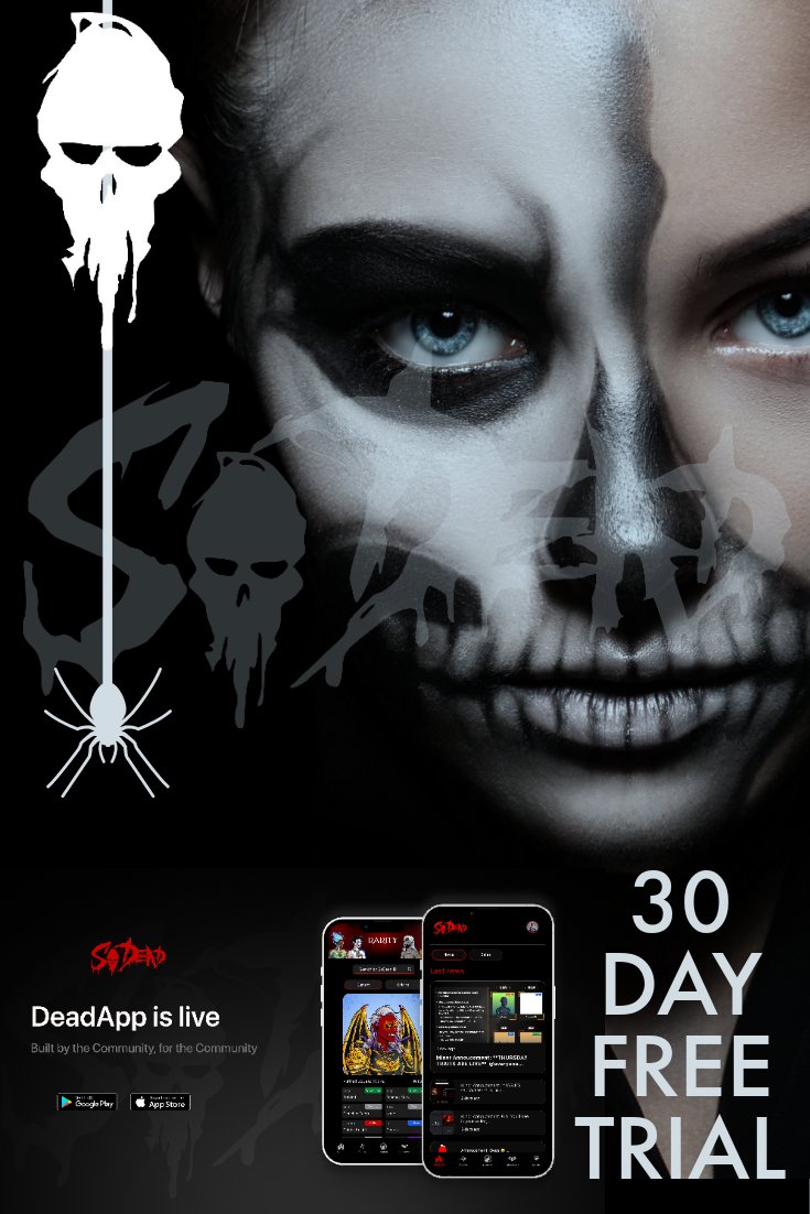30 Day Free Access To @SoDeadNFT DeadApp...Open To All!! Join discord, open a support ticket and request access... You'll be given 30 days free access to all current functions:- Home/Caller/Hunter/Discover & SoDead Rarity 🎃🎃 play.google.com/store/apps/det… apps.apple.com/us/app/deadapp…
