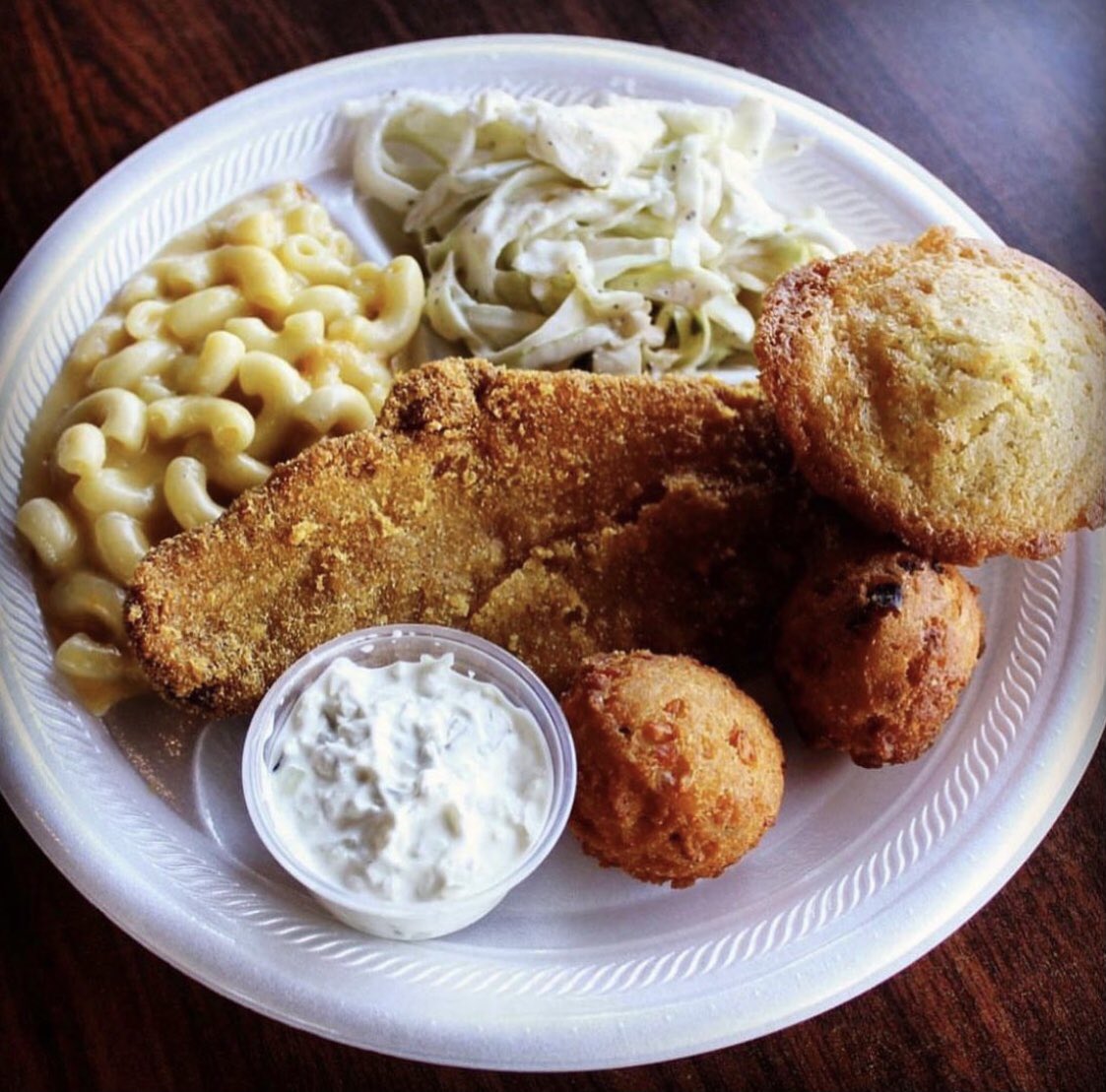 Fried catfish with hushpuppies &amp; our housemade tartar sauce on today’s menu!
