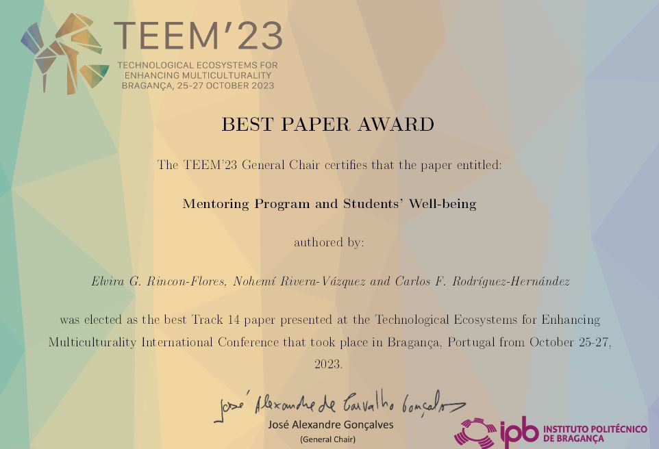 Muy interesante la conferencia <a href="/TEEMConference/">TEEM Conference</a> en Braganza, Portugal. Tuvimos la oportunidad de presentar la ponencia Mentorig Program and Students´ Well-being. Además ganamos como mejor paper del track Educational Innovation.