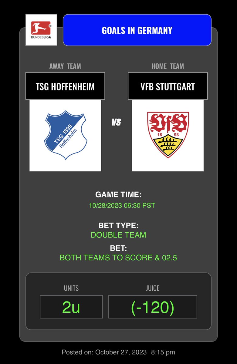 TeamSmashBets's tweet image. 10u SUPER SMASH TICKET CASHED!!!
2u Arsenal TT o 2.5 SMASHED!
2u Stuttgart/Hoffenheim SMASHED!
1 game lost but SMASHING this day!
+11.8u on the day!
+43.54u on the week!
#GamblingTwitter #MoneyMachine