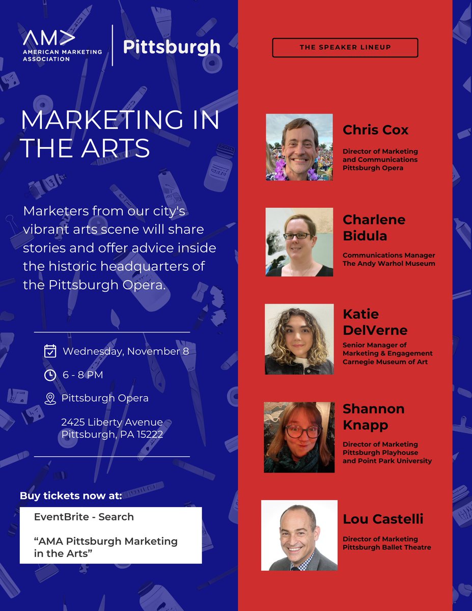 AMA_PGH's tweet photo. Check out the speaker line-up for our upcoming Marketing in the Arts Panel, hosted on November 8 from 6 - 8 PM at the iconic headquarters of the Pittsburgh Opera.

Get your tickets now: https://t.co/6GhzBsnJpx

@PittsburghOpera @TheWarholMuseum @cmoa @PlayhousePGH @PghBallet https://t.co/PDd251HIRd