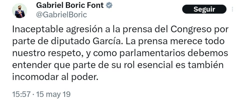 📍Presidente <a href="/GabrielBoric/">Gabriel Boric Font</a>  el diputado boric el 2019 decía que la prensa es para incomodar al poder.

¿Menos a su poder? 

Le dejo el recuerdo del diputado

👇