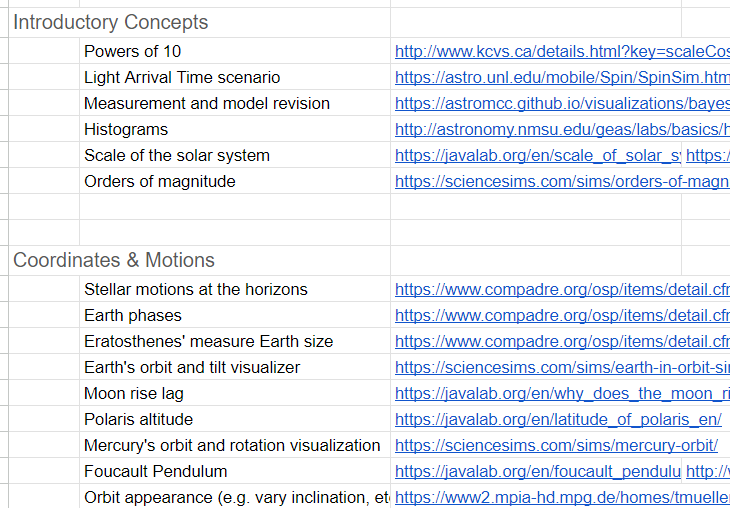 Hookean1's tweet image. Stumbled upon this amazing database of Astronomy simulations, sorted by topic. Superb stuff! 🔭docs.google.com/spreadsheets/d…