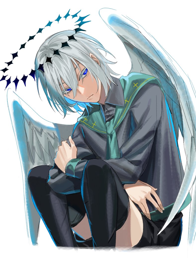 1boy halo male focus wings solo thighhighs blue eyes  illustration images