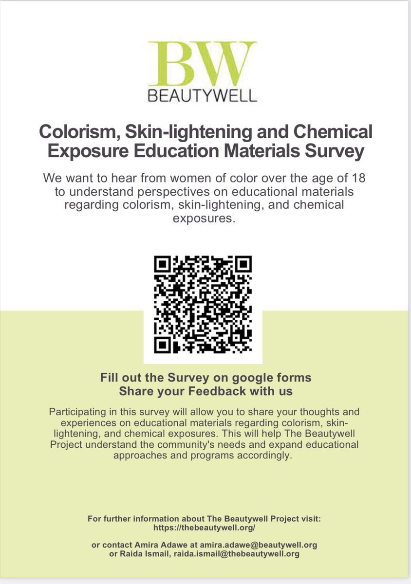 We want to hear your voice! Women of color in the U.S. impacted by colorism, skin-lightening, and chemical exposures, please participate in this critical survey and tell us the type of educational materials that work for you. docs.google.com/forms/d/e/1FAI…