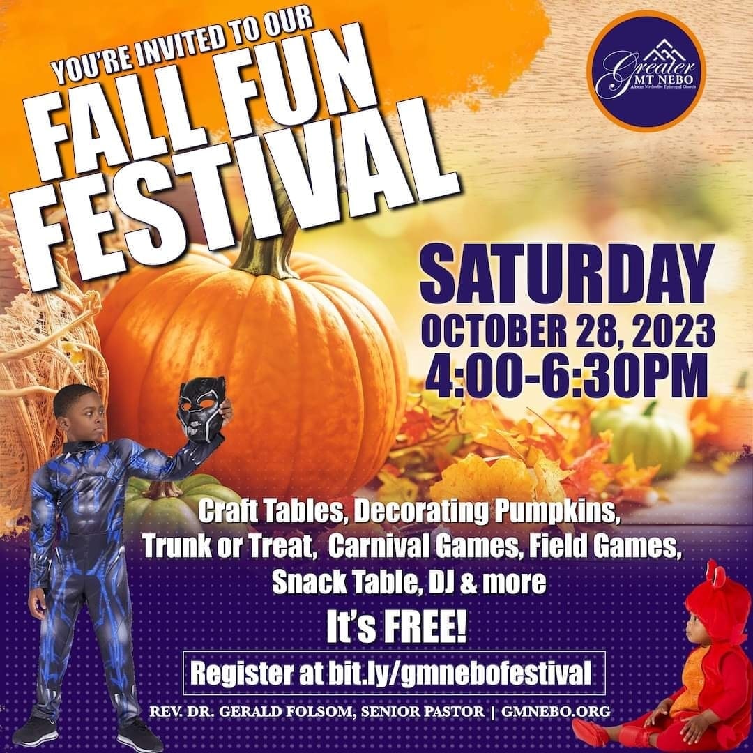 Make your way to Greater Mt Nebo A.M.E Church today at 4 pm for our Fall Festival! Everyone is Invited! #gmneboame #gmnebo #fallfestival #fun #youthministry #youngadultministry #adultcare #collegestudent #seniorliving