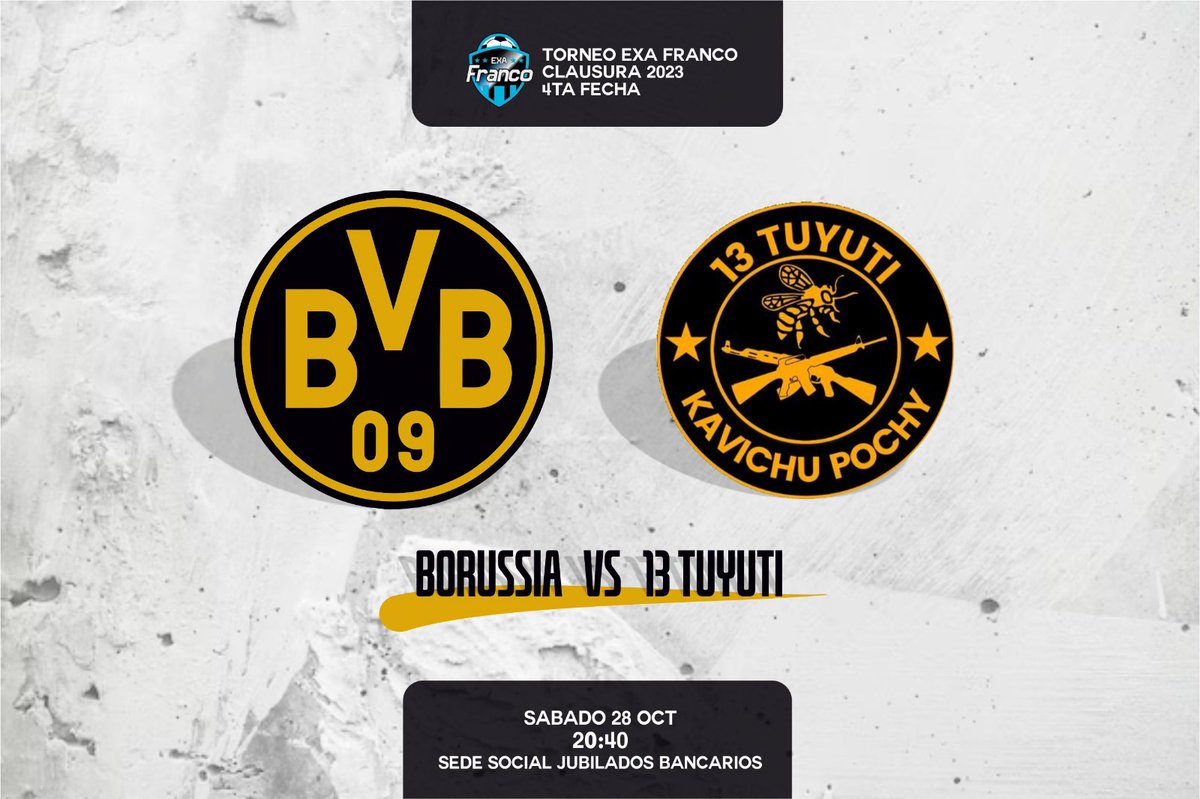 HOY JUEGA BORUSSIA!! 😎
Por la 4ta fecha Borussia se enfrente al equipo de <a href="/oficial13tuyuti/">13 Tuyuti Oficial</a> buscando mantener la punta, donde se encuentra de forma invicta dentro de la cancha pese a la pésima decisión del comité que cedió puntos al equipo contrario anterior. 
.
.
#VamosBVB 🗣🗣