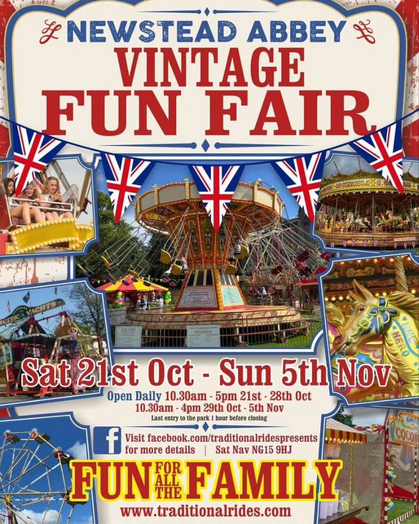 🎡🎠 If you haven't already, JOIN US all this week for the Traditional Rides presents Vintage Fair at Newstead Abbey 🎡🎠

🤩29th Oct to 5th Nov: Open 11am to 4pm 🤩

📣🎡💷 Cash or credit card payments accepted for rides🎡🎠

🚗 Newstead Abbey site entry OR Parking charges apply
