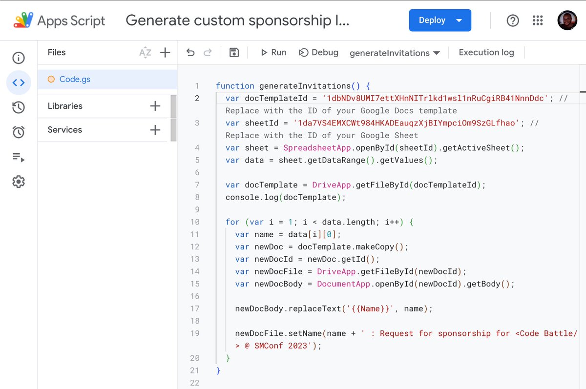 3ch310n's tweet image. Putting into use the training i received at the GDG #SSACommunitySummit23 at Kigali.
Using Excel sheet data to customize requests for sponsorship documents with the name of the sponsor and saving the file name with the sponsor's name using #appscript
Thank you @Geektutor