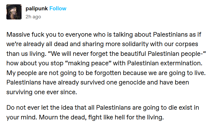 LoyalRivals's tweet photo. i wanted to share this post from tumblr because i know right now a lot of people feel helpless but we're speaking up for the palestinian people. they're here and that's what's important. #CeasefireNOW https://t.co/UOcVqEeWAy