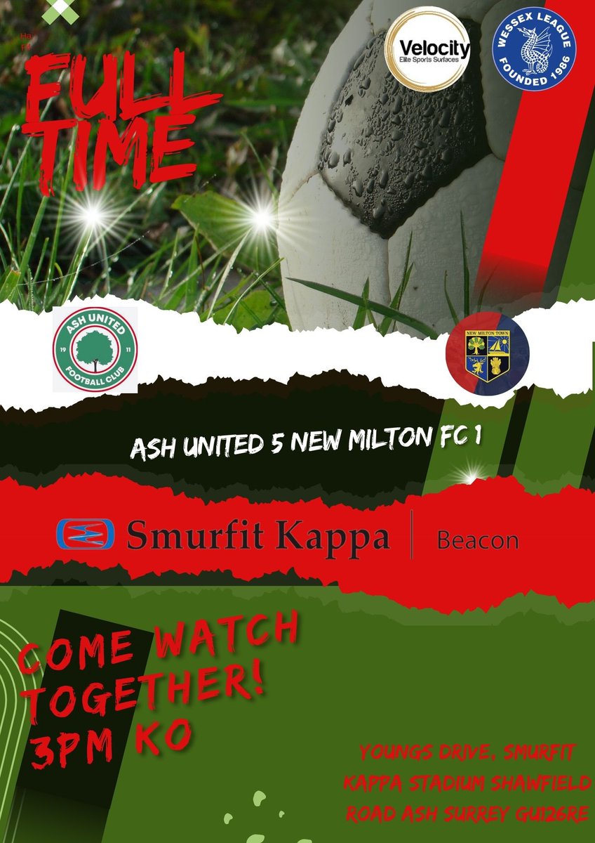FULL TIME 
WIN FOR THE ASH UNITED 
Jacob CHADD ⚽⚽
Kareem FOSTER⚽
Micheal LEECH⚽
Jamie HILTON⚽
Ash United 5 - New Milton 1
🟢🔴🟢🔴