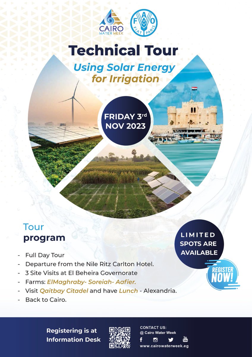 Join us on Nov 3rd for a Technical Tour at Cairo Water Week 2023! We'll visit sites in Behera Governorate where solar energy powers water pumping, reducing environmental impact. Sign up at the conference venue to join this innovative experience! #CairoWaterWeek #SustainableTech