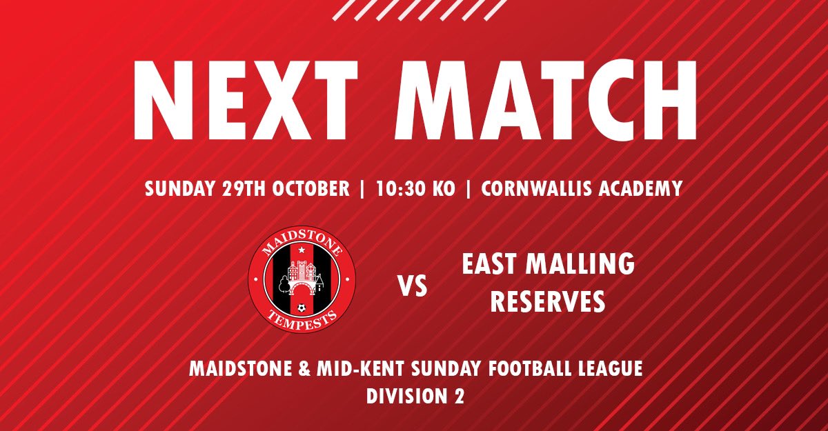 Tempests host East Malling Reserves in League action

⚽️ <a href="/mmksfl/">Maidstone & Mid Kent Sunday Football League</a> Div 2
🆚 <a href="/fcEastMalling/">East Malling FC</a> Reserves
🕒 Sun 29th October / 10:30 KO
🏟 Cornwallis Academy / ME17 4HX

Referee - J. Waters.

#WeAreTempests #SundayLeague @SELKGrassroots #MaidstoneTempests