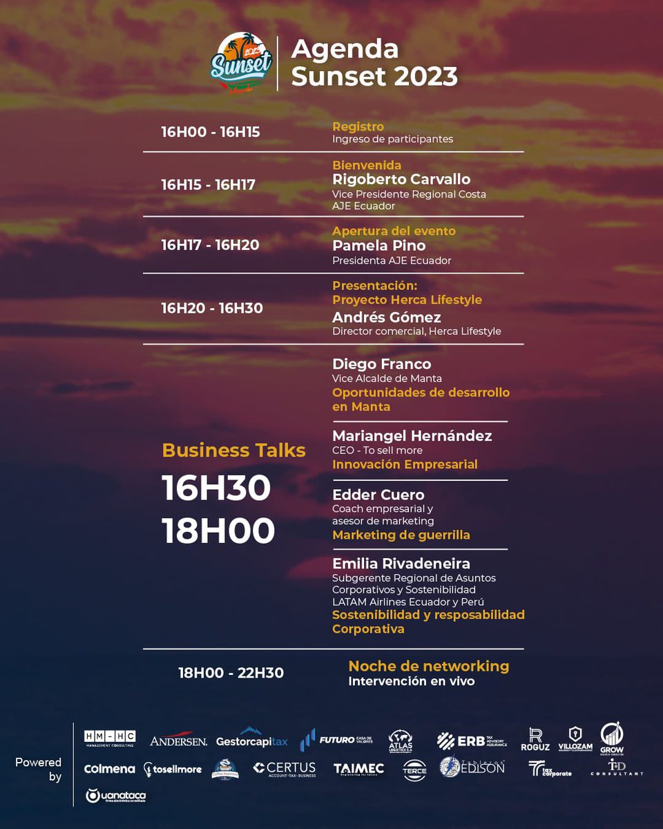 ¡Llegó el día! 🥳

Conoce la agenda de hoy en el #ajesunset2023 a partir de las 16:00 en el #OlimpoRooftop de <a href="/poseidonmanta/">Poseidon Hotel</a>.

Somos la <a href="/ajeecuadororg/">AJE Ecuador</a> #somosajeecuador📣🇪🇨