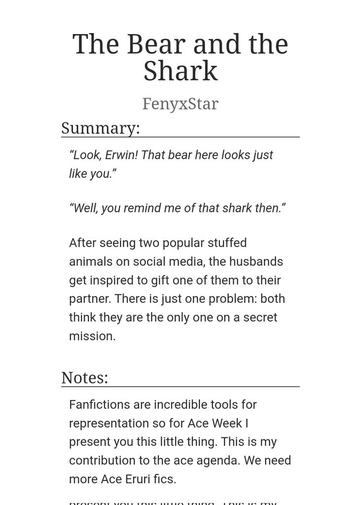 FenyxStar_'s tweet photo. Before Ace Week ends, here is my contribution to the agenda

🐻 The Bear and the Shark 🦈

some cute Ace Eruri fluff
🖤🩶🤍💜
https://t.co/kFi0DC5Q23
support your local ace :) https://t.co/gEUaqkZiiC