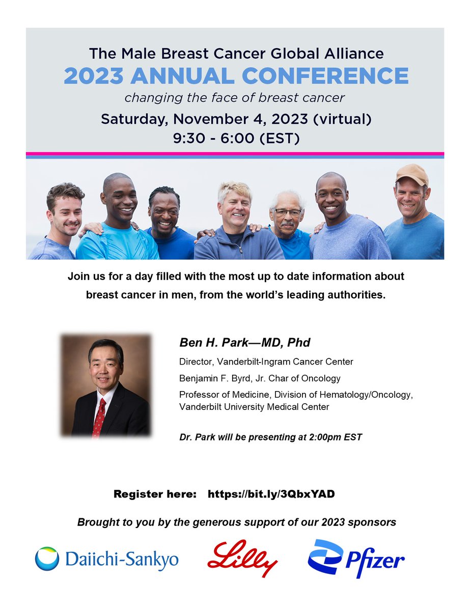 We are just a week away from our annual Male Breast cancer Global Alliance 2023 Conference. Join us Register here: bit.ly/3QbxYAD #breastcancerinmen @GDbinky @NovartisCancer @AstraZeneca @DaiichiSankyoUS @SeagenGlobal @LillyOncology @SusanGKomen