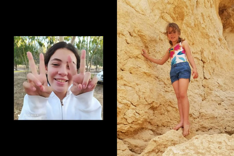 Gegijzeld: Dafna (15 jaar) en Ella (8 jaar) Elyakim.
Dafna en Ella waren thuis bij hun vader, Noam, in kibboets Nahal Oz toen Hamas op 7 oktober aanviel. Terroristen schoten Noam in zijn been en zetten zijn livestream aan om hun razernij uit te zenden.
In een video wordt hij