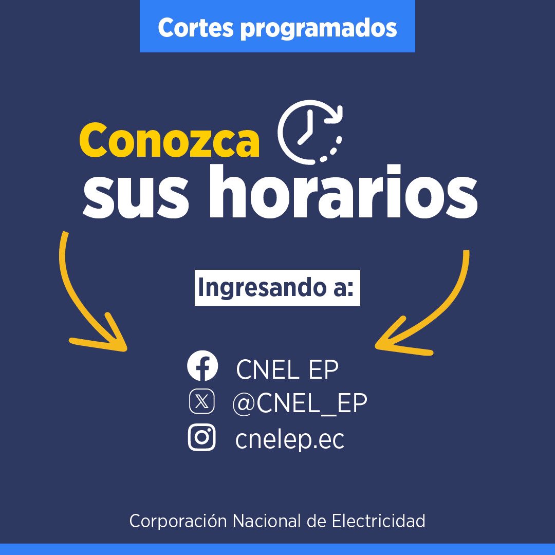 🚨ATENCIÓN 

Conoce los horarios de cortes del servicio de energía eléctrica del 28/10/2023 en la Unidad de Negocio #Guayaquil.

Descarga aquí: n9.cl/cbhev

#CNELEPInforma