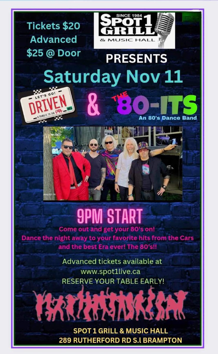 A double shot of 80’s for you as both <a href="/DrivenCarsBand/">Driven</a> and The 80its will be performing Nov 11 at <a href="/Spot1Live/">Spot 1 Grill & Music Hall</a> 
Get your tickets here :

ticketweb.ca/event/the-cars…