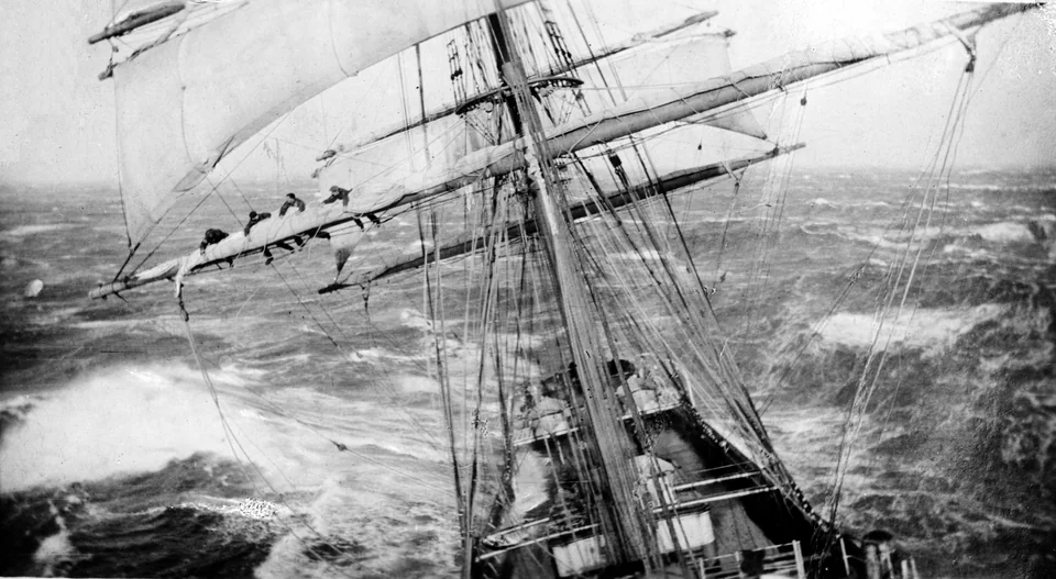 The barque, Garthsnaid, rounding Cape Horn in 1920.  Men are clinging to the crossbeam on the left.

State Library of Victoria photo.