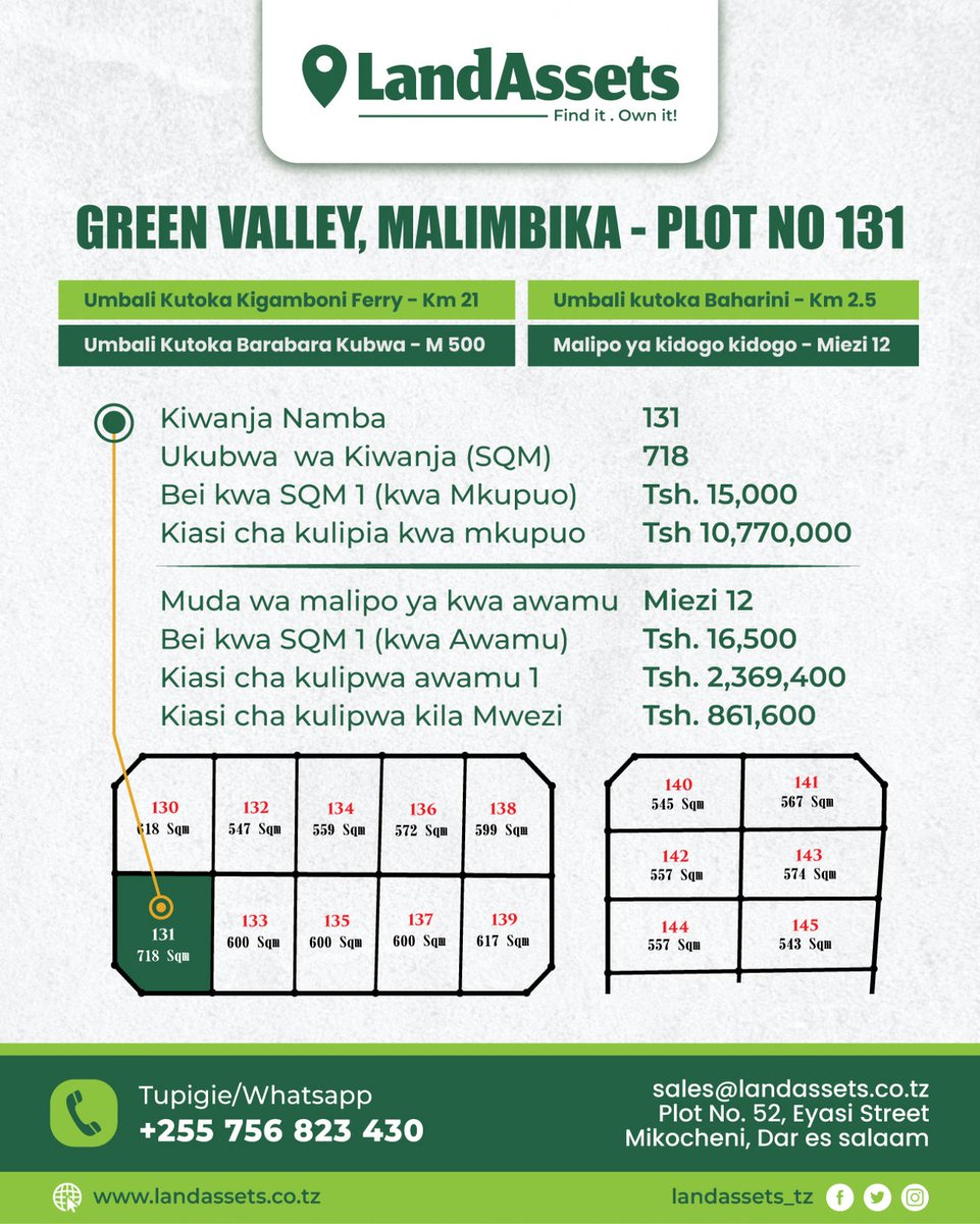 nyuki_malkia's tweet image. Naomba retweet yako mdau

New Project from LandAssets. 

JIPATIE VIWANJA VILIVYOPIMWA KWA BEI YA KUANZIA 15,000/=  /m².

Pata Viwanja vizuri kwa ujenzi wa nyumba ya ndoto zako.

• Ukubwa: Kuanzia 400m²

• Bei: Kuanzia 15,000 per m²

• Terms: Cash &amp;amp; Installments, hadi miezi 12.…
