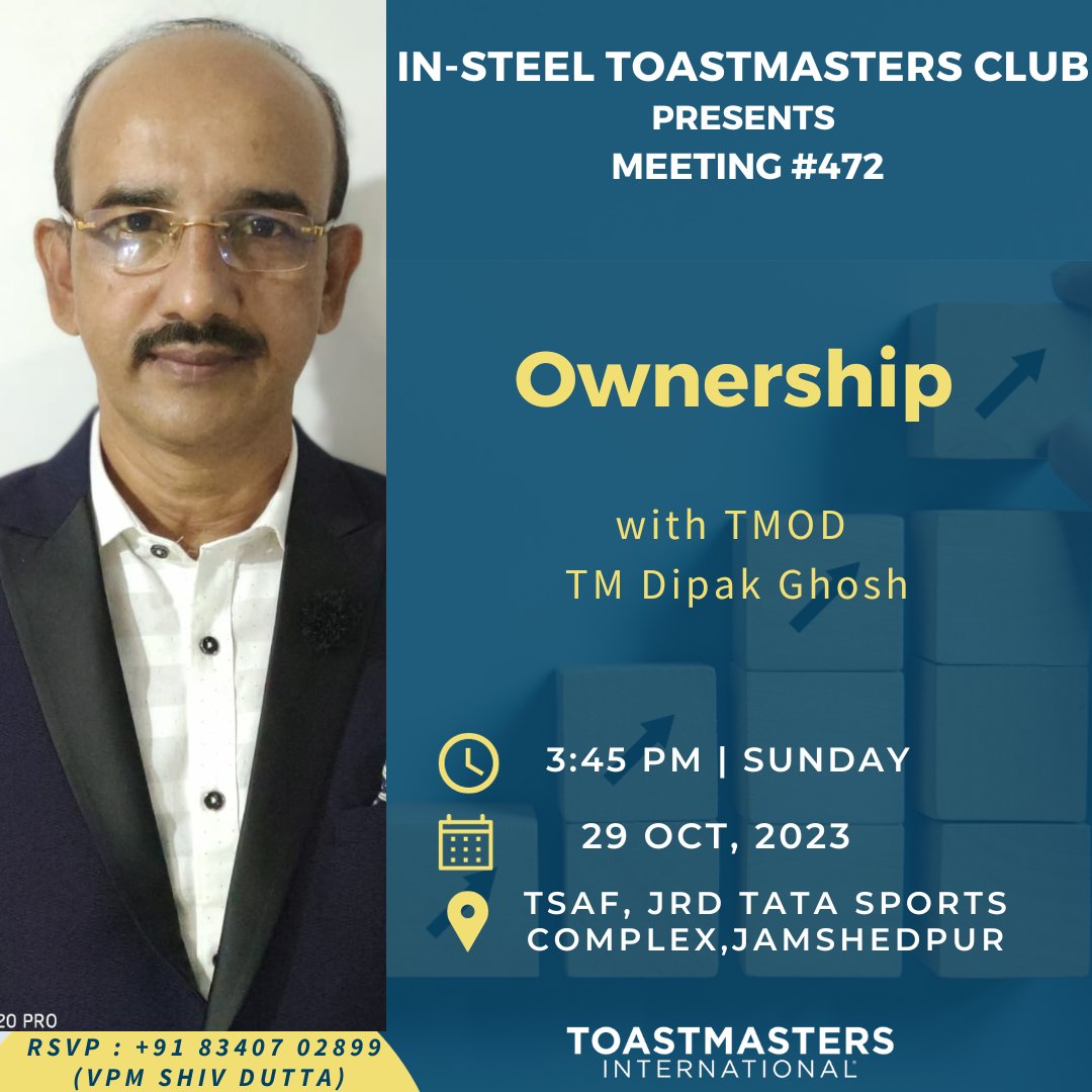 InsteelTM's tweet photo. You are cordially invited to the 472nd meeting of In-Steel Toastmasters Club!! 

Theme - Ownership   

🗓️ Date: 29th October 2023   
🕥 Time: 3:45 PM- 6.00PM
🏢 Venue: TSAF, JRD Tata Sports Complex, Jamshedpur https://t.co/Una4vYiOY9
