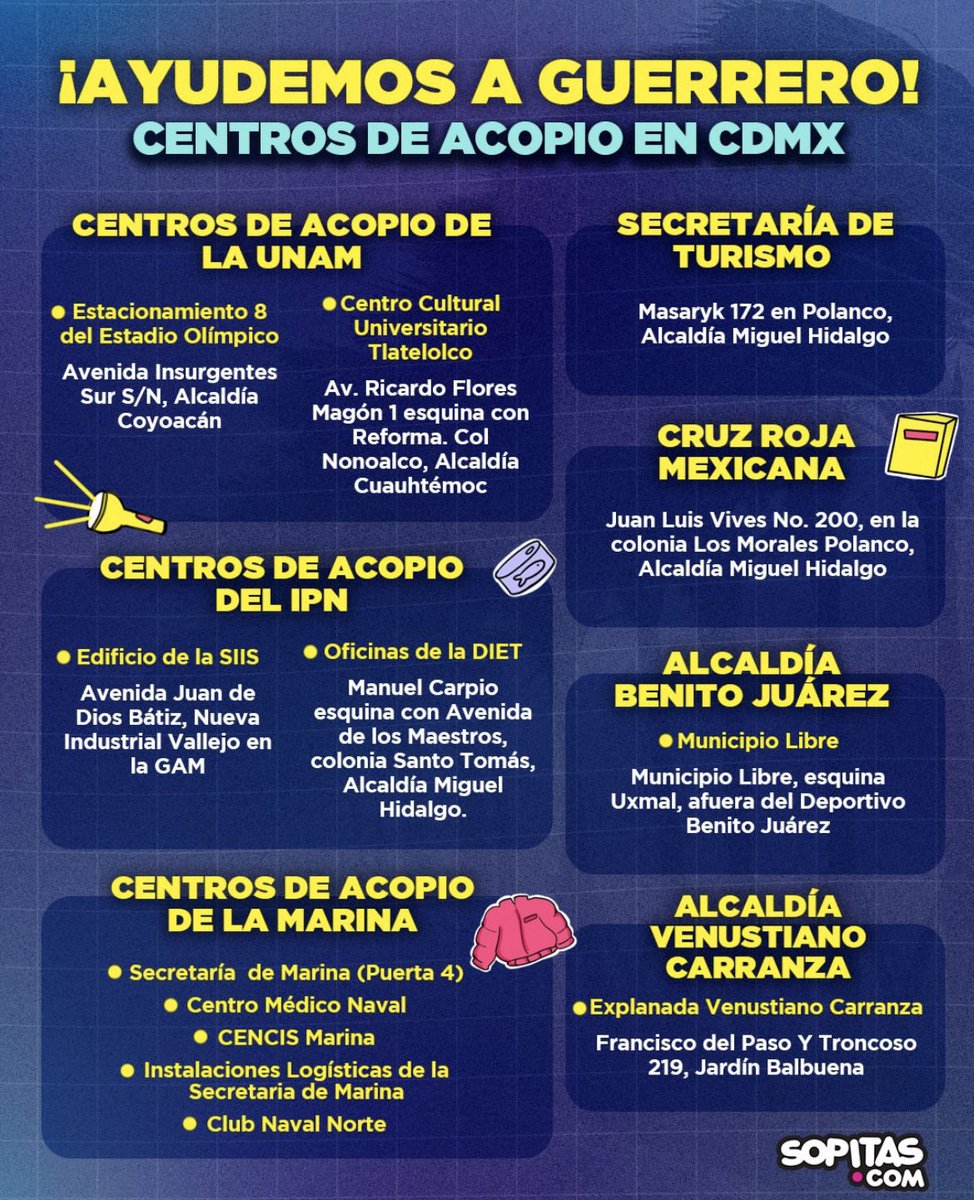 tayswiftmex_2's tweet photo. 🚨| Sabemos que esta cuenta está dedicada a Taylor Swift, pero queríamos aprovechar este espacio y tomar un momento para pedir su ayuda: 

Nuestros hermanos de Guerrero están pasando una situación complicada y necesitan de nuestro apoyo. 

Una de las formas que tenemos para ayudar es donar víveres a los centros de acopio. 

Les dejamos esta imagen con las direcciones de algunos que están ubicados en CDMX y si saben de algunos en otros estados compartan en los comentarios.

También les dejamos otra imagen con una lista de las cosas que pueden donar. 

Si es posible, con un plumón escriban en algún lugar visible del producto que es una donación y tapen el código de barras. 

📸: @sopitas