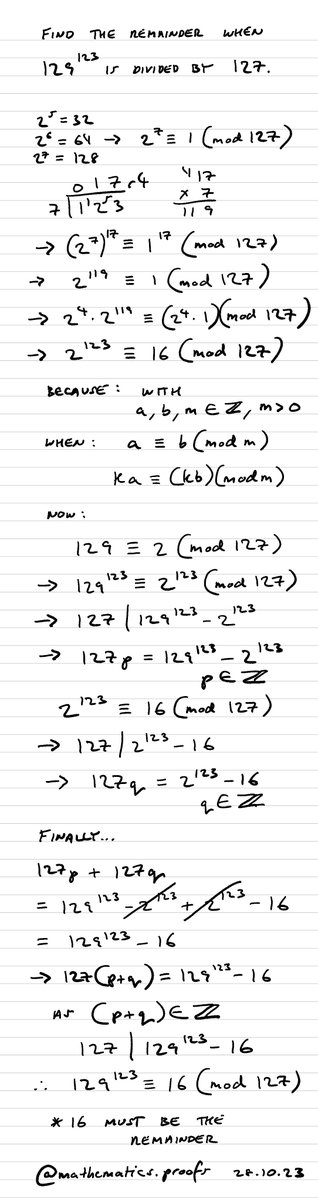 tiago_hands's tweet image. Find the remainder when 129¹²³ is divided by 127... #furtherpuremaths #modulararithmetic #clockarithmetic #math