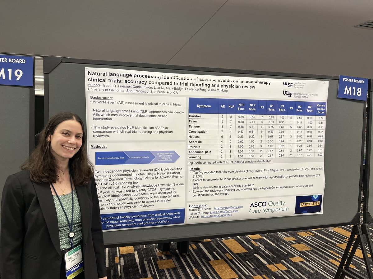 Part 2: Come by Izzy Friesner’s (now a med student at <a href="/CUMedicalSchool/">CU Anschutz School of Medicine</a>!) poster on our use of #NLP to extract toxicities during immunotherapy from clinical notes compared to physicians and clinical trial reporting!
