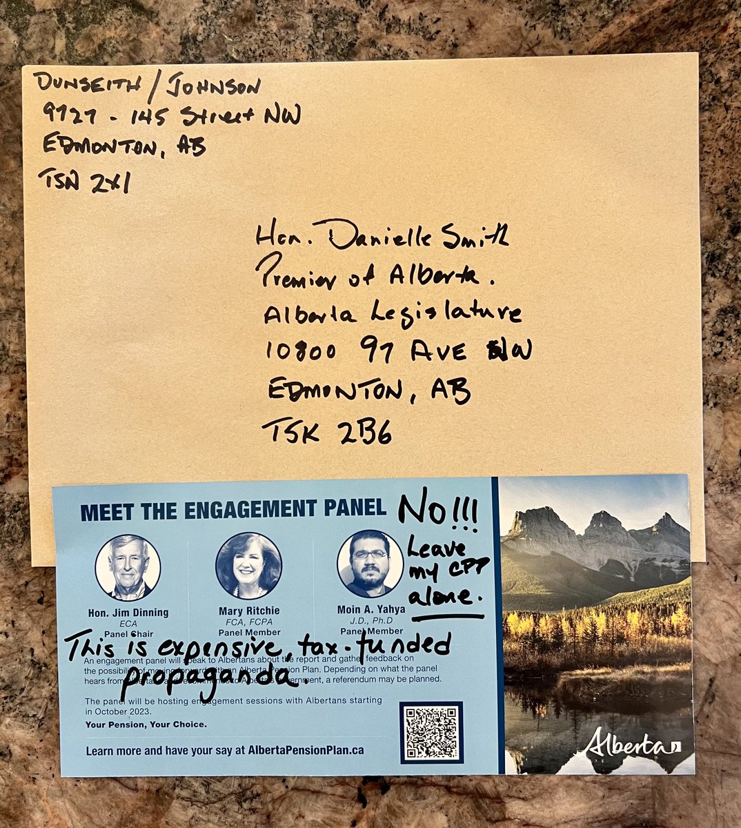 rdunseith's tweet photo. Got a mailing from our #UCP government yesterday. Sending a mailing back this morning. Hands off my CPP #abpoli #ableg https://t.co/9UFKvu0gPa