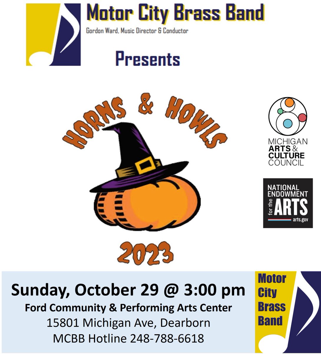 MotorCityBB's tweet photo. MCBB's Horns &amp; Howls concert begins at 3 pm on Sunday. Seating is general admission; doors open at 2:30 pm. Ticket pre-sales via the MCBB website (https://t.co/Lgs0Uyxd16) end at 6 pm today; further tickets must be purchased at the Box Office, which opens at 1 pm Sunday. https://t.co/e9OSndYbOa