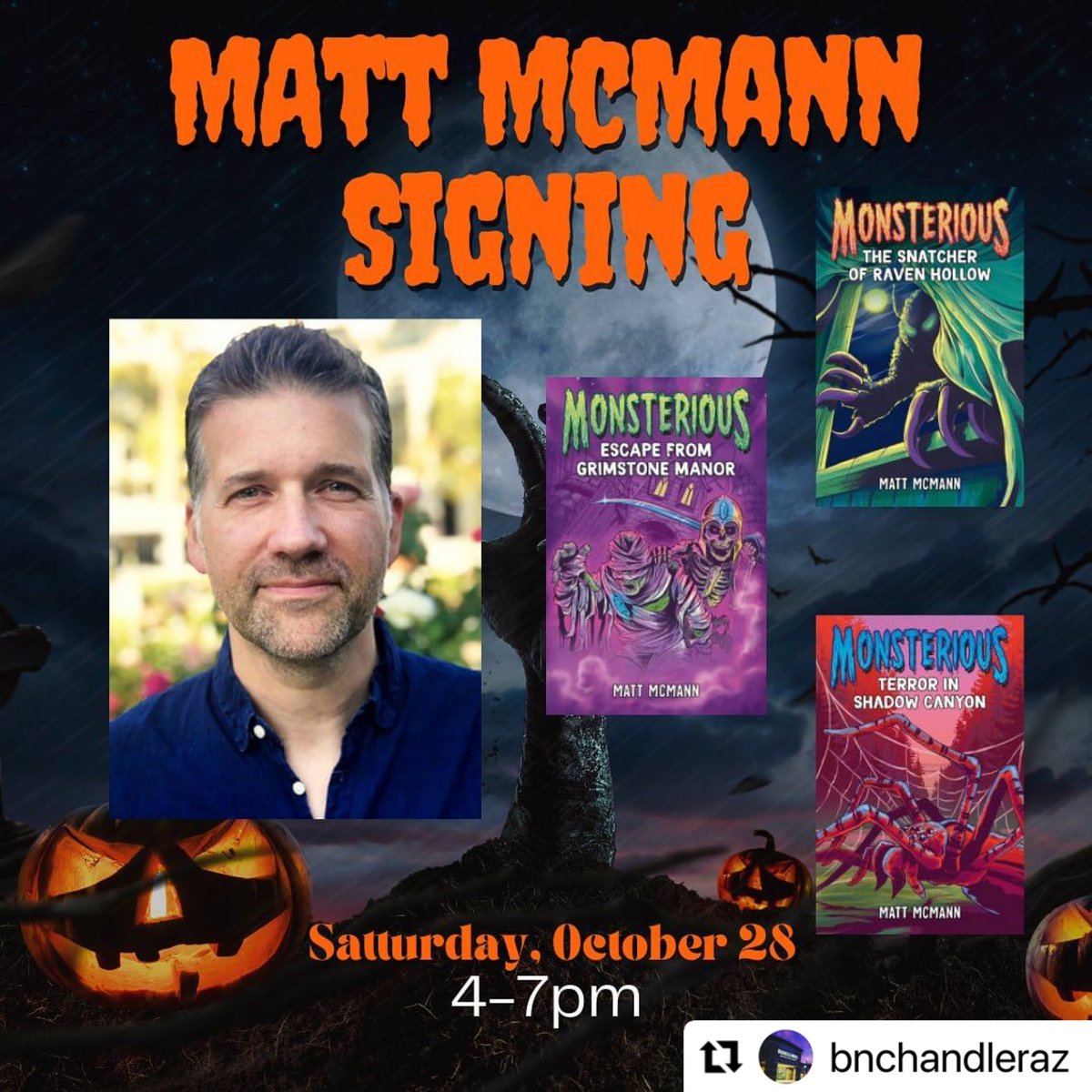 TODAY! I’d love to see you at Barnes & Noble Chandler Mall AZ for spooky family fun anytime 4:00-7:00. Personalized books, Q&A, prizes, photos. @bnChandlerAZ @penguinkids