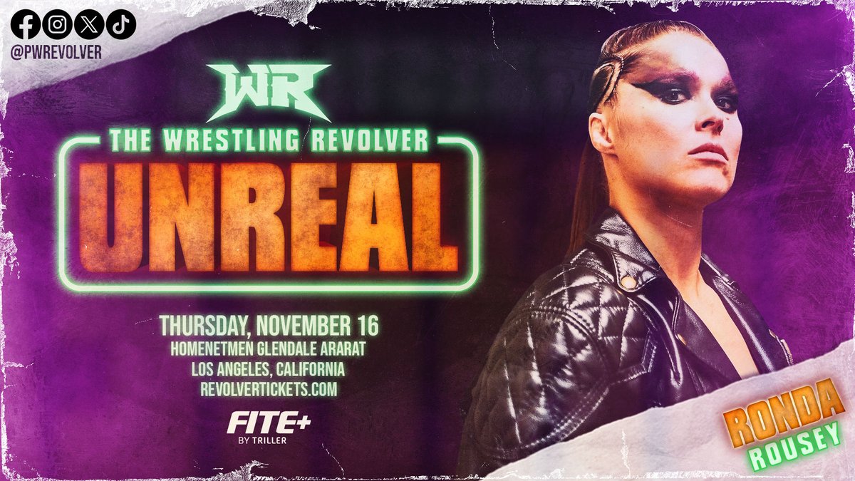 🚨🚨 ICYMI: @RondaRousey will make her @PWRevolver debut on November 16th. What will happen when Ronda Rousey comes to LA for #RevolverUNREAL? Streaming live on #FITE+