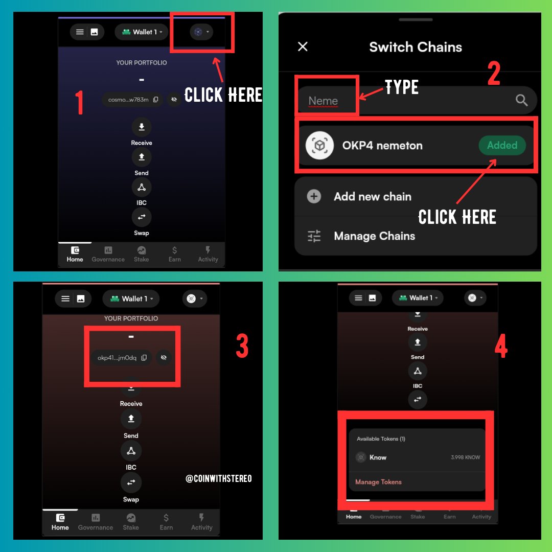 coinwithstereo's tweet image. Now, you need to switch to @OKP4_Protocol&apos;s Nemeton, go back to your wallet &amp;amp; 

🔹Click on the #cosmos logo (1), it will popup the switch chain section.

🔹Search &quot;Nemeton&quot; &amp;amp; click on &quot;OKP4 Nemeton&quot; (2)

🔹You are switched to #OKP4Protocol(3), scroll down to see your balance (4).