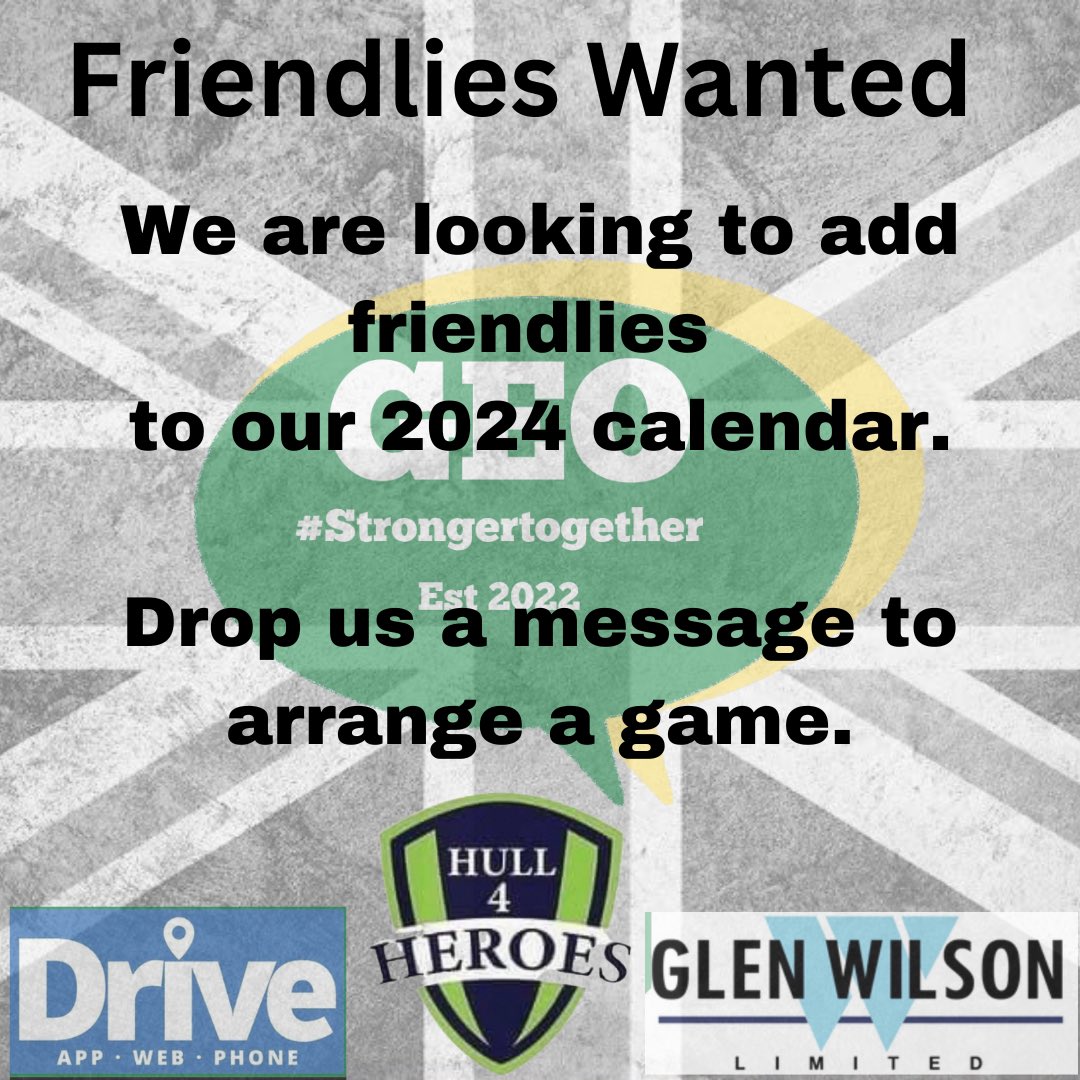 We are now booking in fixtures for the 2024 in the Yorkshire / North Lincolnshire areas.. Please drop us a message if your interested. <a href="/hull4heroes/">Hull 4 Heroes</a> @Veteransvillag1 <a href="/GEO4Heroes/">GEO4HEROES</a> <a href="/lisa4heroes/">Lisa’s Ladies 4 Heroes</a> <a href="/LisasLadiesFC/">Lisa’sLadiesFC</a>