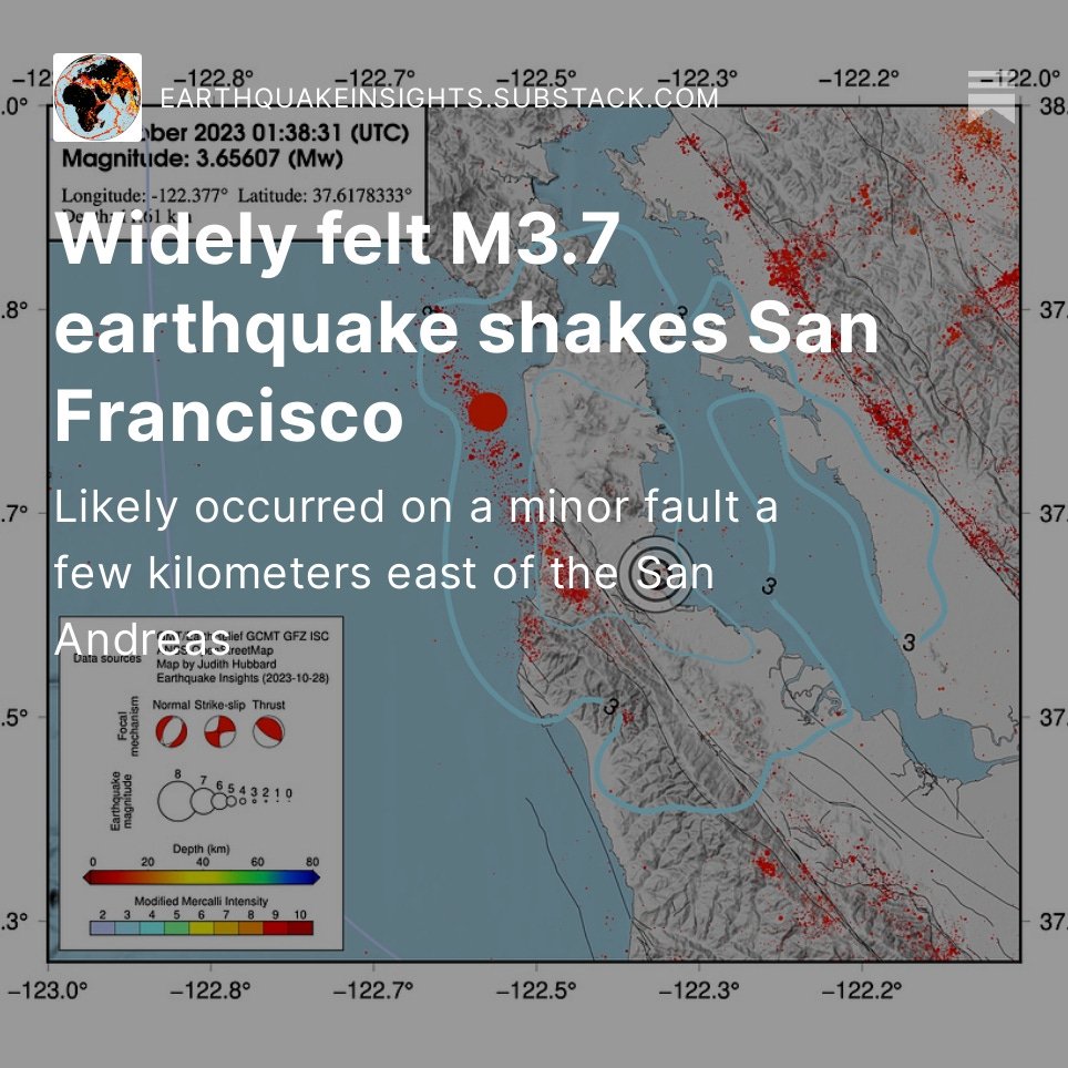 Did you feel the M3.7 earthquake last night in San Francisco? It occurred a few km to the northeast of the San Andreas. It was small - but make sure you're prepared for the next one, which might be bigger. Read more on our blog - link in my bio.