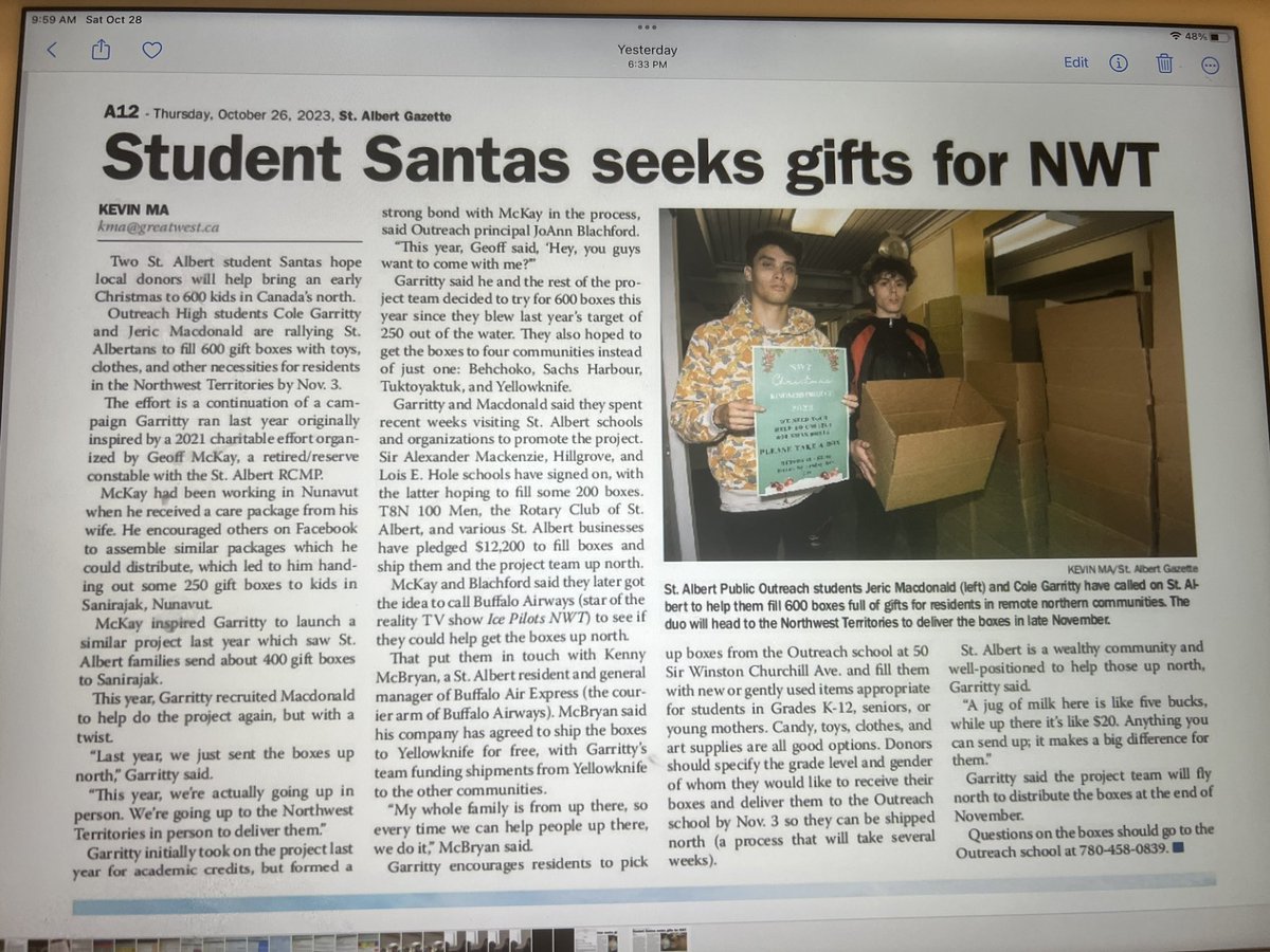 Outreach High School (@school_outreach) on Twitter photo It is hard to believe, but we are almost out of boxes for our NWT Xmas Kindness Project. A huge thank you to our friends <a href="/LoisHoleSchool/">Lois E. Hole School</a> and <a href="/SAMSchool/">SAM School</a> , <a href="/mm_school/">Muriel Martin School</a>, <a href="/GishEnergy/">Elmer S. Gish</a>, Hillgrove and <a href="/StAlbertPublic/">St. Albert Public</a> for all your support! #teamwork
<a href="/RCMPAlberta/">RCMP Alberta</a> It is hard to believe, but we are almost out of boxes for our NWT Xmas Kindness Project. A huge thank you to our friends <a href="/LoisHoleSchool/">Lois E. Hole School</a> and <a href="/SAMSchool/">SAM School</a> , <a href="/mm_school/">Muriel Martin School</a>, <a href="/GishEnergy/">Elmer S. Gish</a>, Hillgrove and <a href="/StAlbertPublic/">St. Albert Public</a> for all your support! #teamwork
<a href="/RCMPAlberta/">RCMP Alberta</a>