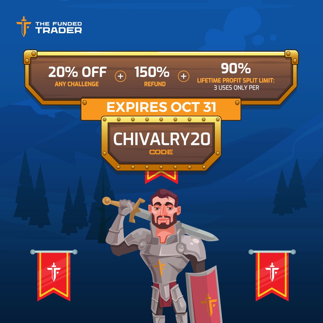 thefundedtrader's tweet photo. IT'S BACK 🛡

TERMS: 20% off any challenge + 150% Refund + 90% Lifetime Profit Split
LIMIT: 3 uses only per person
END DATE: October 31st https://t.co/mas7DvqcdF