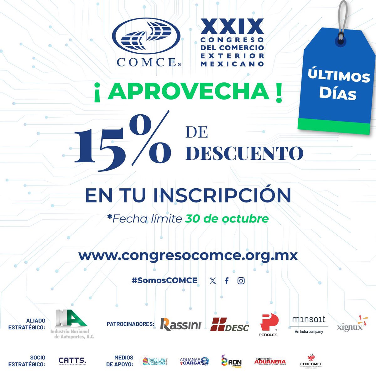 CongresoCOMCE's tweet photo. ¡El evento de comercio exterior más importante de México, en formato presencial! 🇲🇽😁🙌🏽
🗓 21 de Noviembre 2023
📌 Centro Citibanamex, Ciudad de México
https://t.co/GJ9Pm7Gcay
#CongresoCOMCE #SaveTheDate #SomosCOMCE https://t.co/SoK3Fb1HJn