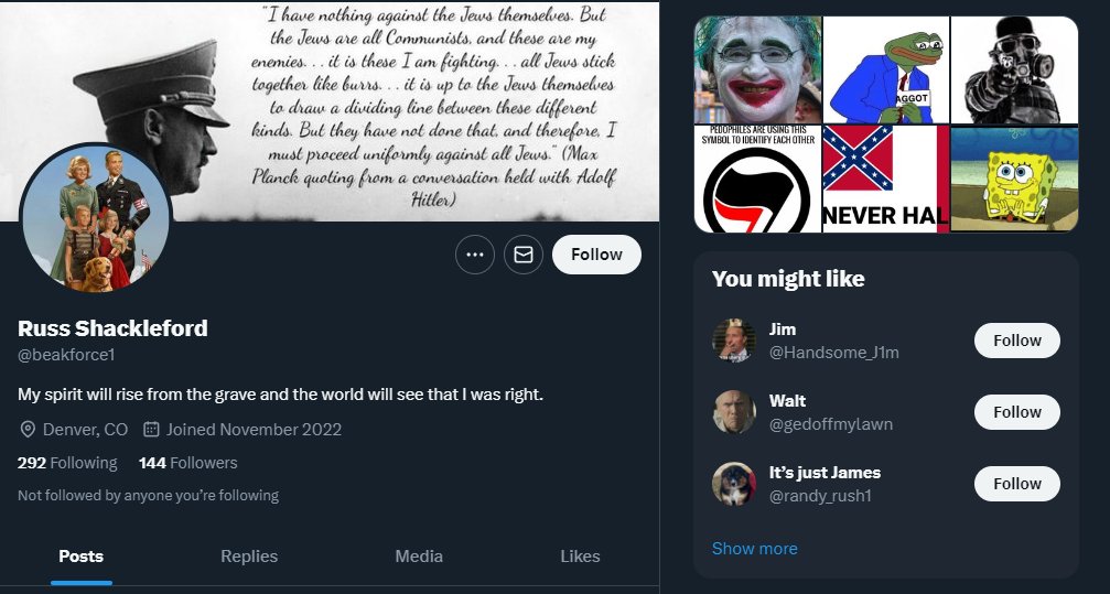 Twitter has allowed the Nazi account we got suspended back on the platform.  There is no excuse for Nazis, there is no excuse for hate speech.
Please help remove <a href="/beakforce1/">⚡️⚡️UrFrendlyNatSoc⚡️⚡️</a> by reporting his account for racism, homophobia and antisemitism.
#Anonymous