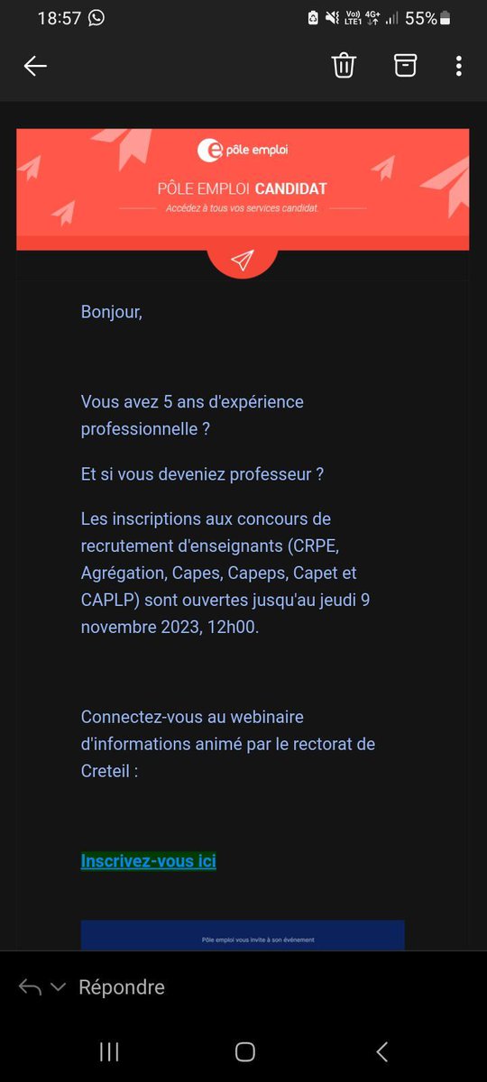MsieurLeProf's tweet photo. Pôle Emploi envoie une salve de mails pour pousser les gens à passer les concours de l'enseignement.

Vous noterez qu'il n'est pas nécessaire d'avoir Bac +5 mais simplement de justifier de 5 années d'expérience professionnelle pour s'inscrire, apparemment... https://t.co/Ci71W7WlaV