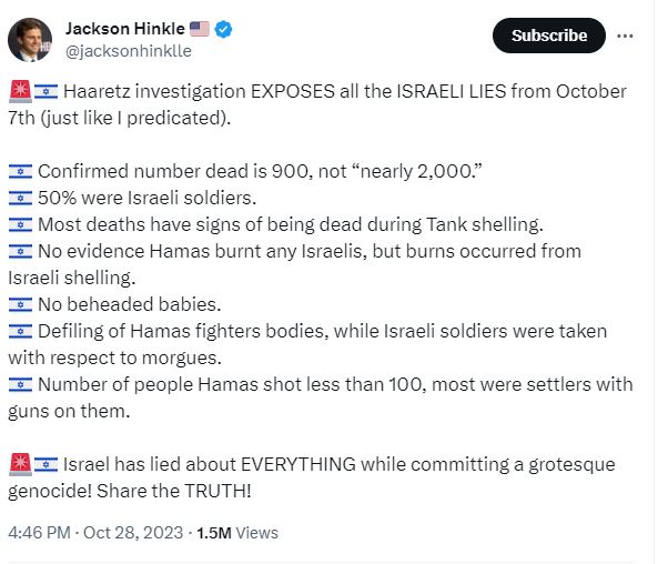 The post seen in this photo contains blatant lies about the atrocities committed by Hamas on October 7. It has absolutely no basis in Haaretz’s reporting, then or since haaretz.com