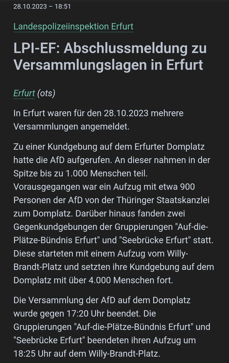 klaus_kurt's tweet photo. Laut @Polizei_Thuer heute 4000 beim Gegenprotest &amp; 1000 bei der Faschistentruppe. Absoluter Wahnsinn in #Erfurt. Danke @real_plaetzef und allen die da waren. #ef2810 
https://t.co/ggA4Tt9atU https://t.co/holJl1Gmr3