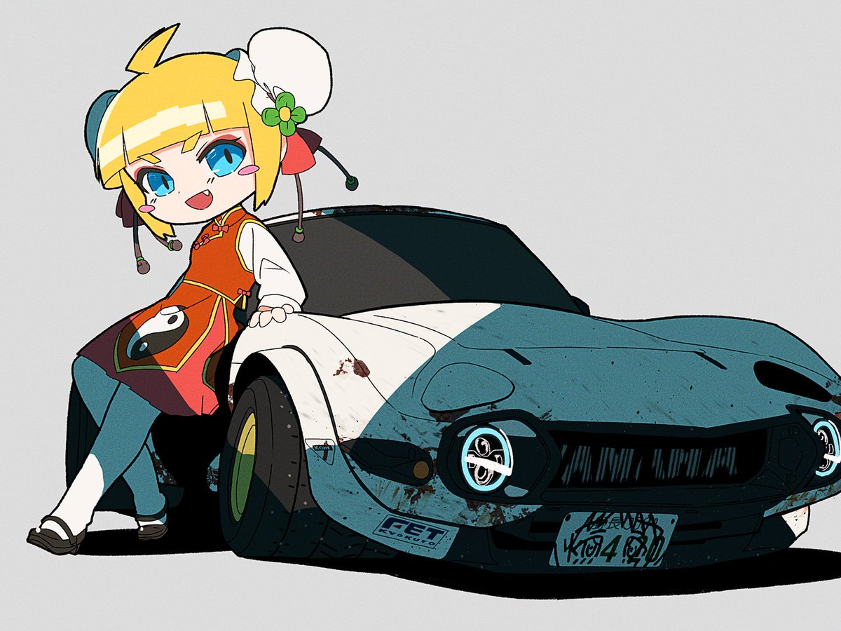 1girl motor vehicle car vehicle focus blonde hair yin yang bun cover  illustration images