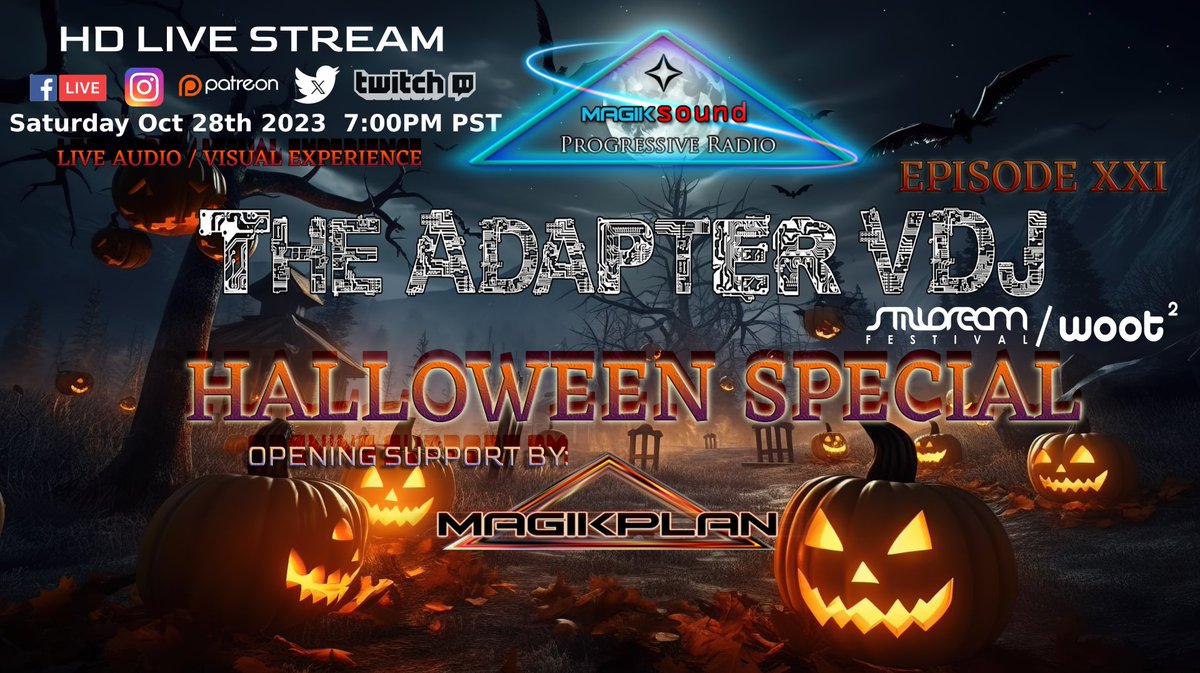 MagikPlan's tweet photo. Livestream tonight with The Adapter VDJ! Spooky Psy-Trance vibes tonight 7pm PST

#Livestream #twitch #magikplan #restream #production #halloween #spooky #event #trending #STREAMING_PARTY #streamers #psytrance #psychedelic #3dmapping #visuals #edm #dancemusic #art #stilldream https://t.co/WrAftxmYDo