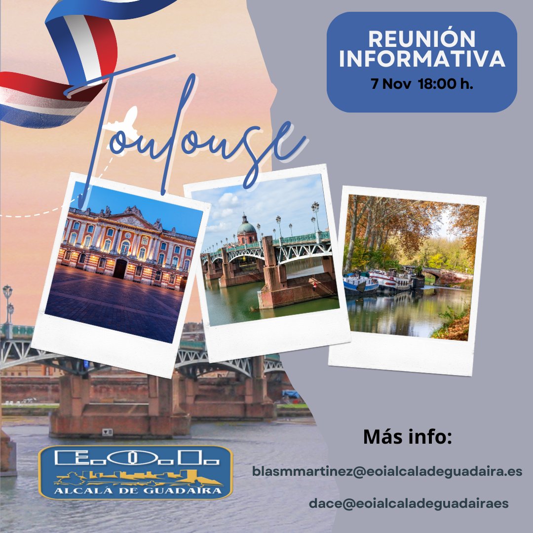 Os invitamos a la reunión informativa sobre el viaje que el Departamento de Francés está organizando a Toulouse para 14-18 de marzo de 2024.
La reunión será el próximo martes 7 de noviembre de 6:00 a 7:15 pm en el aula 1 de la Escuela. También a través de Google Meet.
✈🧳
